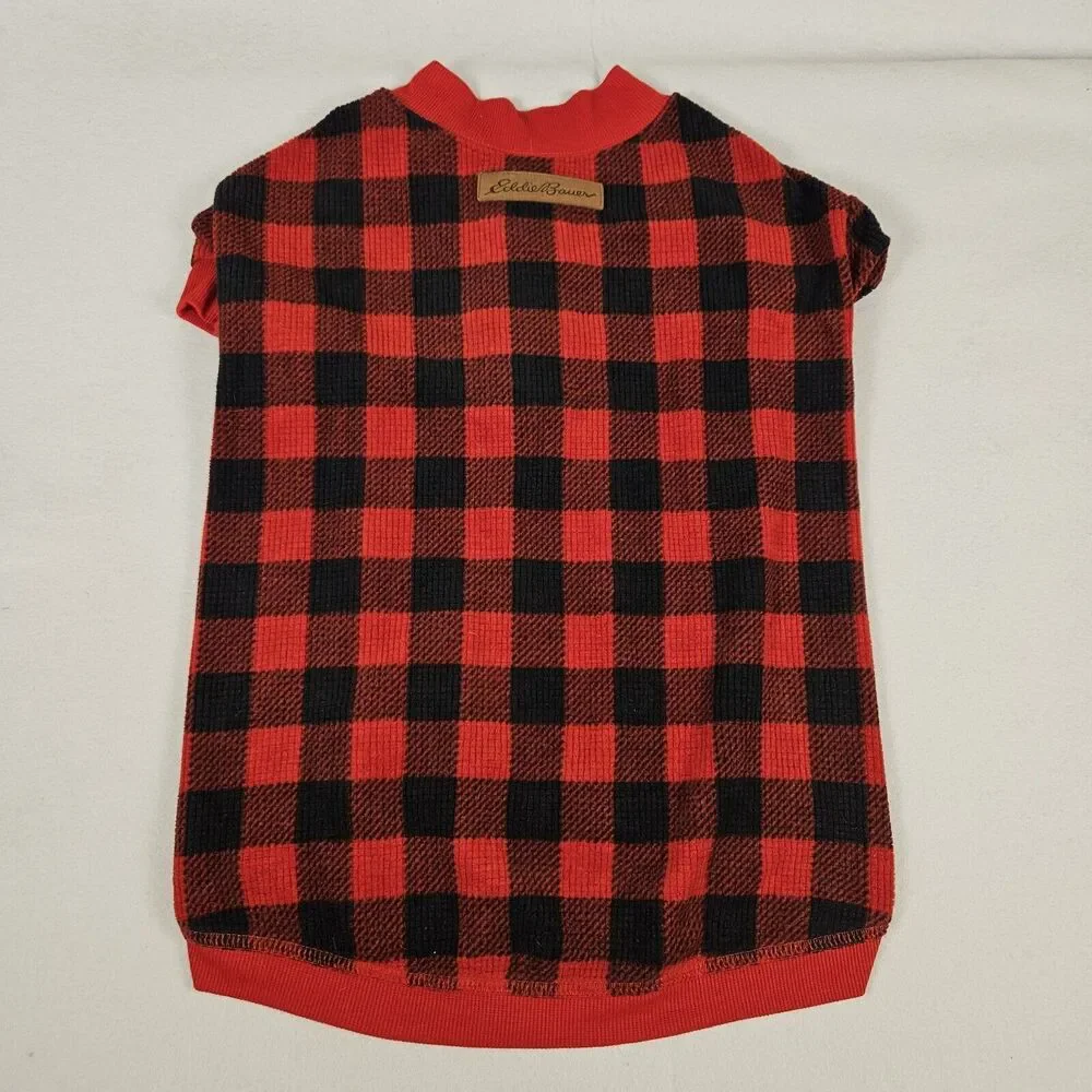 Eddie Bauer Dog Holiday Red Plaid Flannel Sweater LARGE Christmas Winter Picture